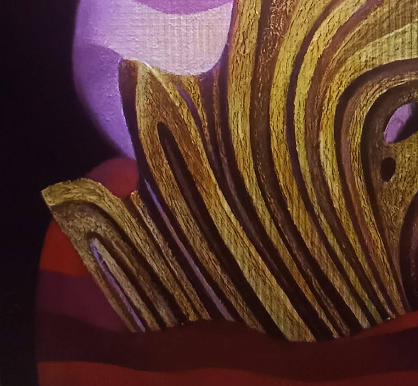 Abstract painting featuring swirling golden-brown and purple brushstrokes on a dark background.