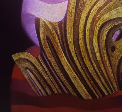 Abstract painting featuring swirling golden-brown and purple brushstrokes on a dark background.