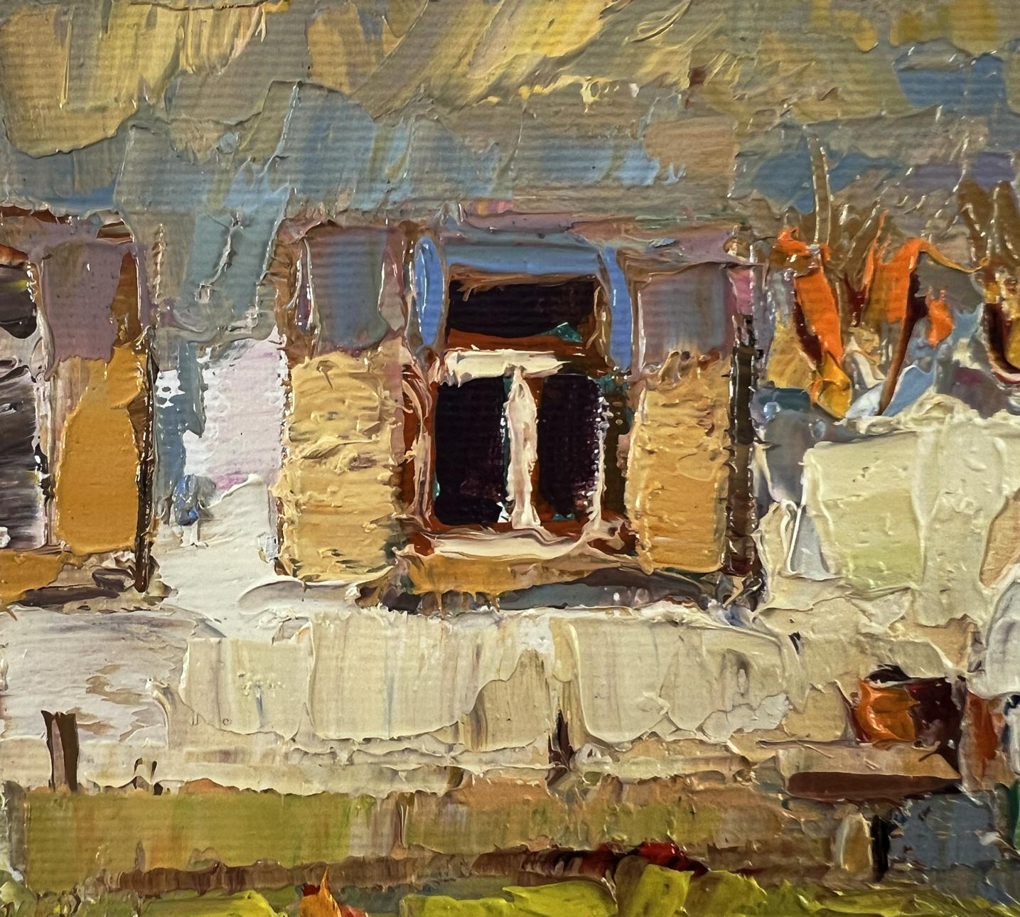 Textured impressionistic oil painting of chickens in yard by Oksana Ivanyuk