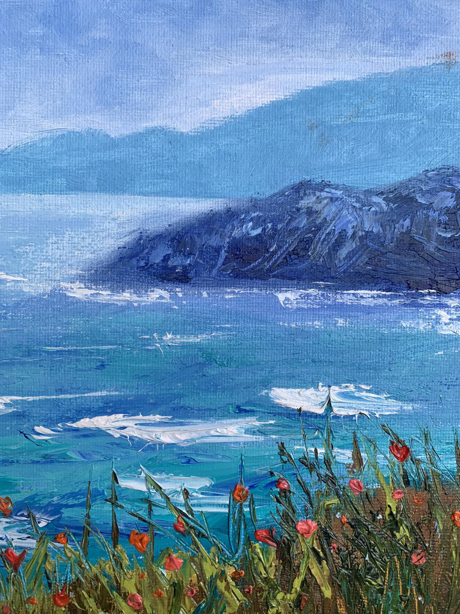 Oil painting Calm sea by Tatyana Derdey with blue waves and red poppies