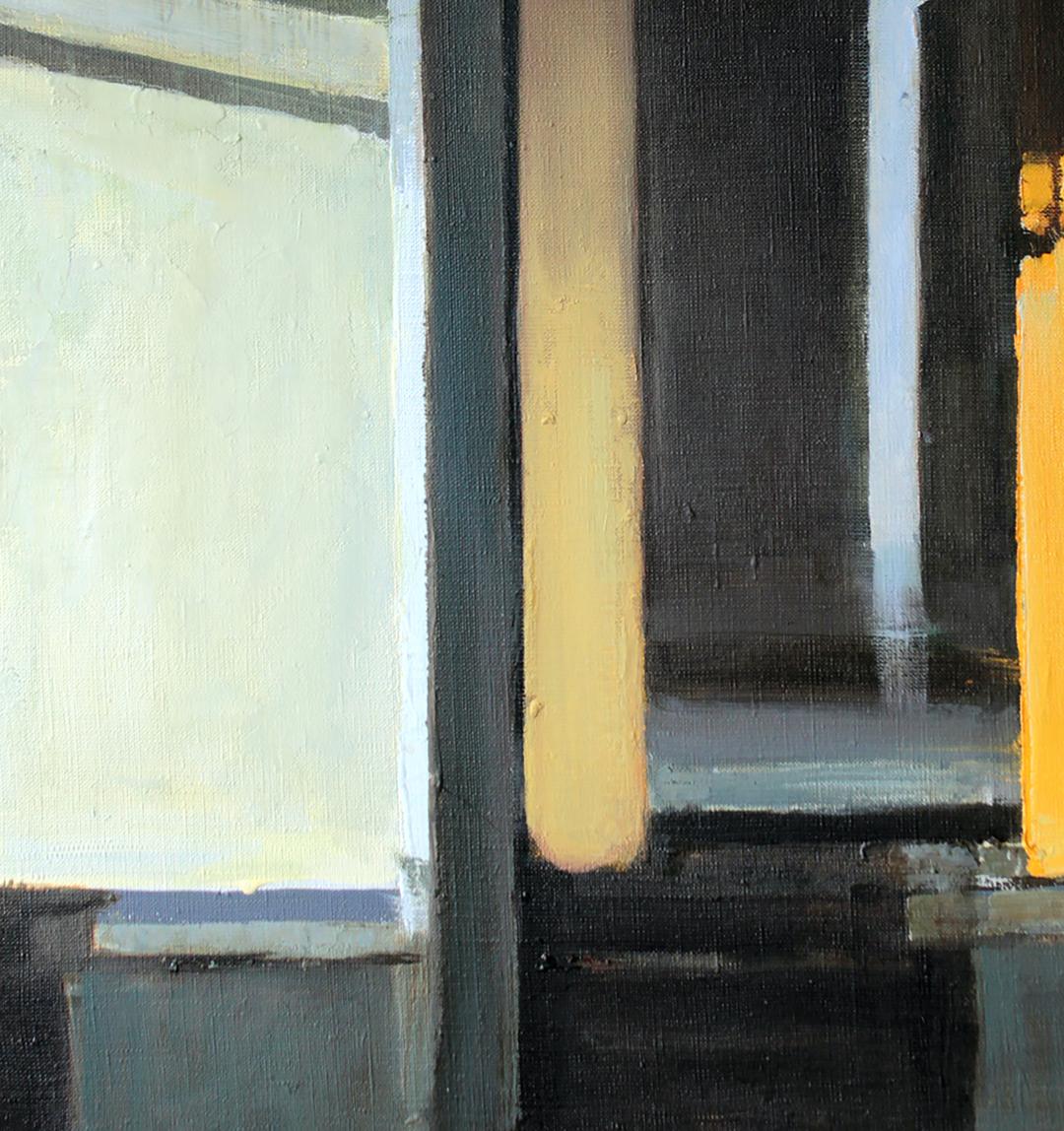 Soul Discovery oil painting by Ed Potapenkov with bold cream, mustard, gray stripes