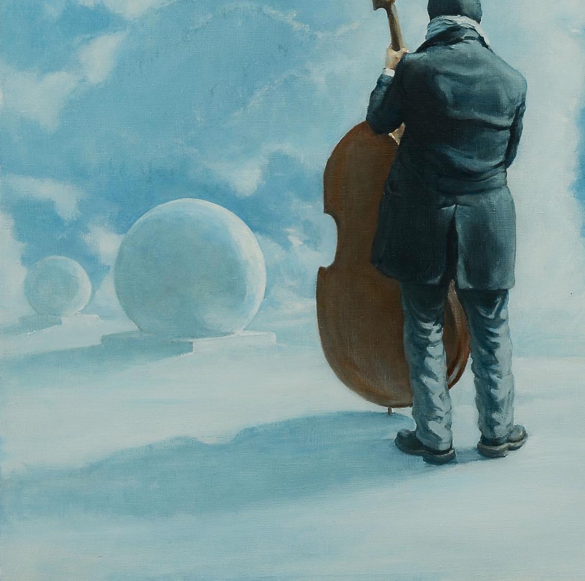Oil painting of man in dark coat holding double bass on langeron by Oleg Kateryniuk