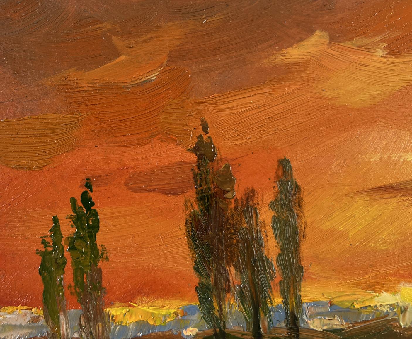 Oil painting Evening Moment by Yuriy Suprunchuk: dark green trees at sunset