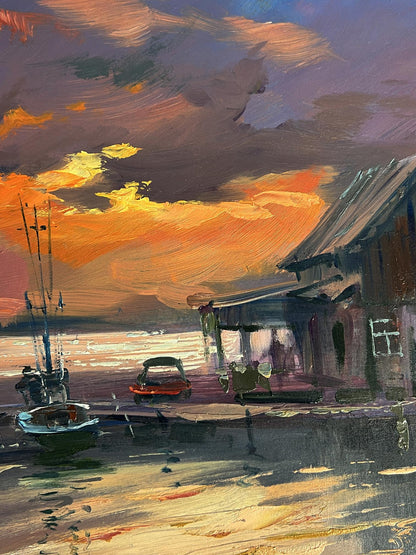 Vibrant oil painting Evening boat dock by Yuriy Suprunchuk, sunset coastal scene
