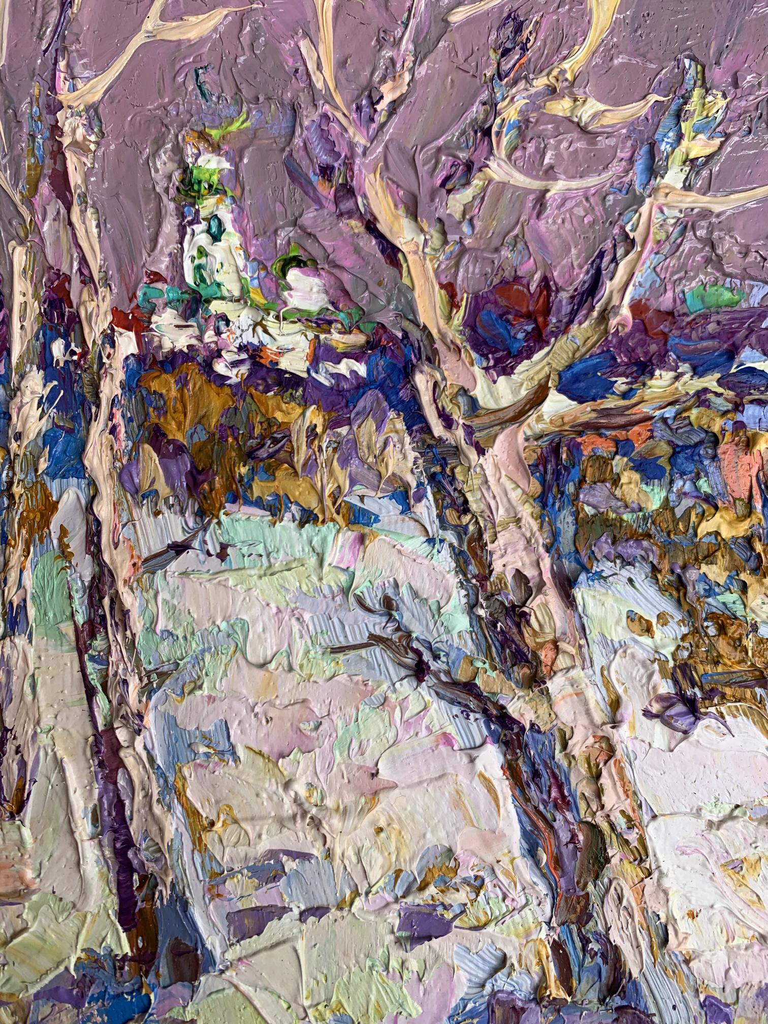 Oil painting The first snow fell by Oksana Ivanyuk with purple pink trees