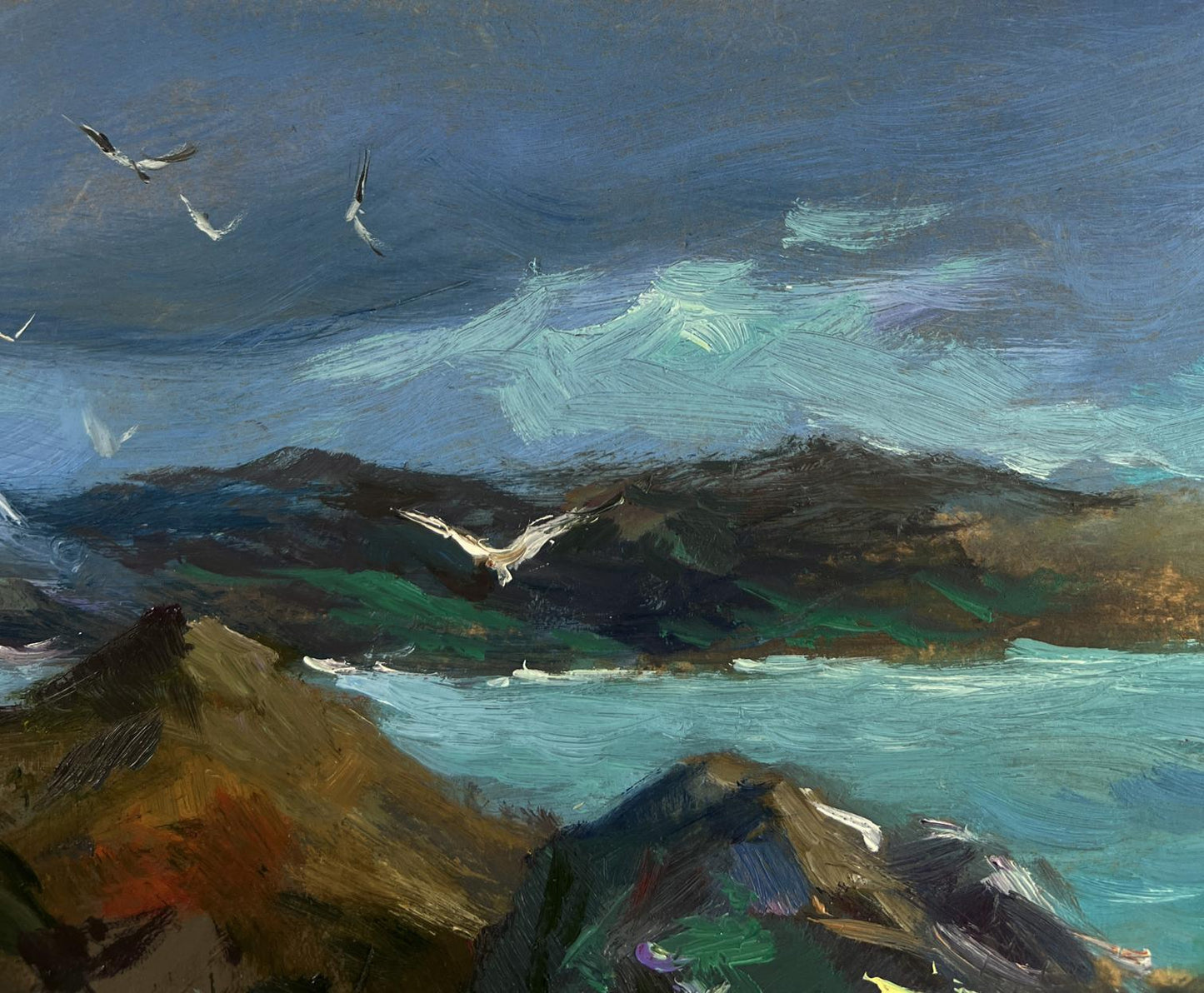 Oil painting by Yuriy Suprunchuk: sea storm approaching rugged cliffs