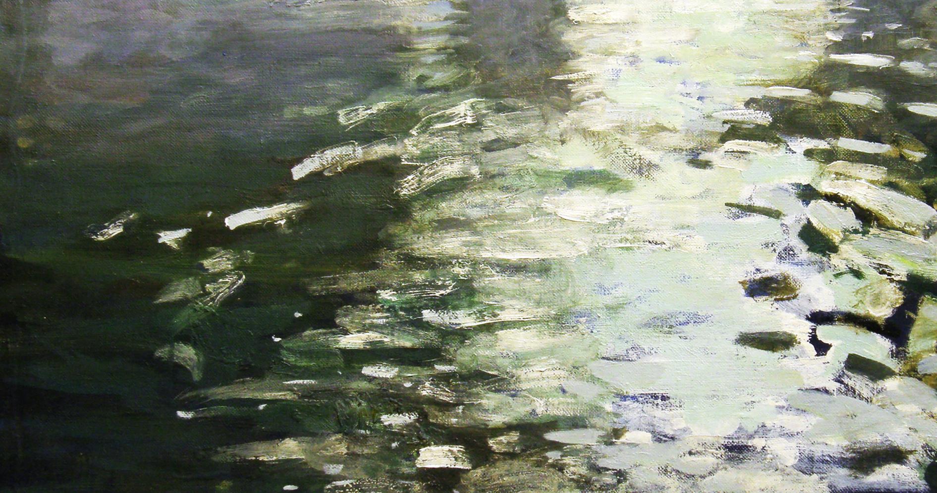 Textured impressionistic oil painting of rippling green gray water by Ed Potapenkov