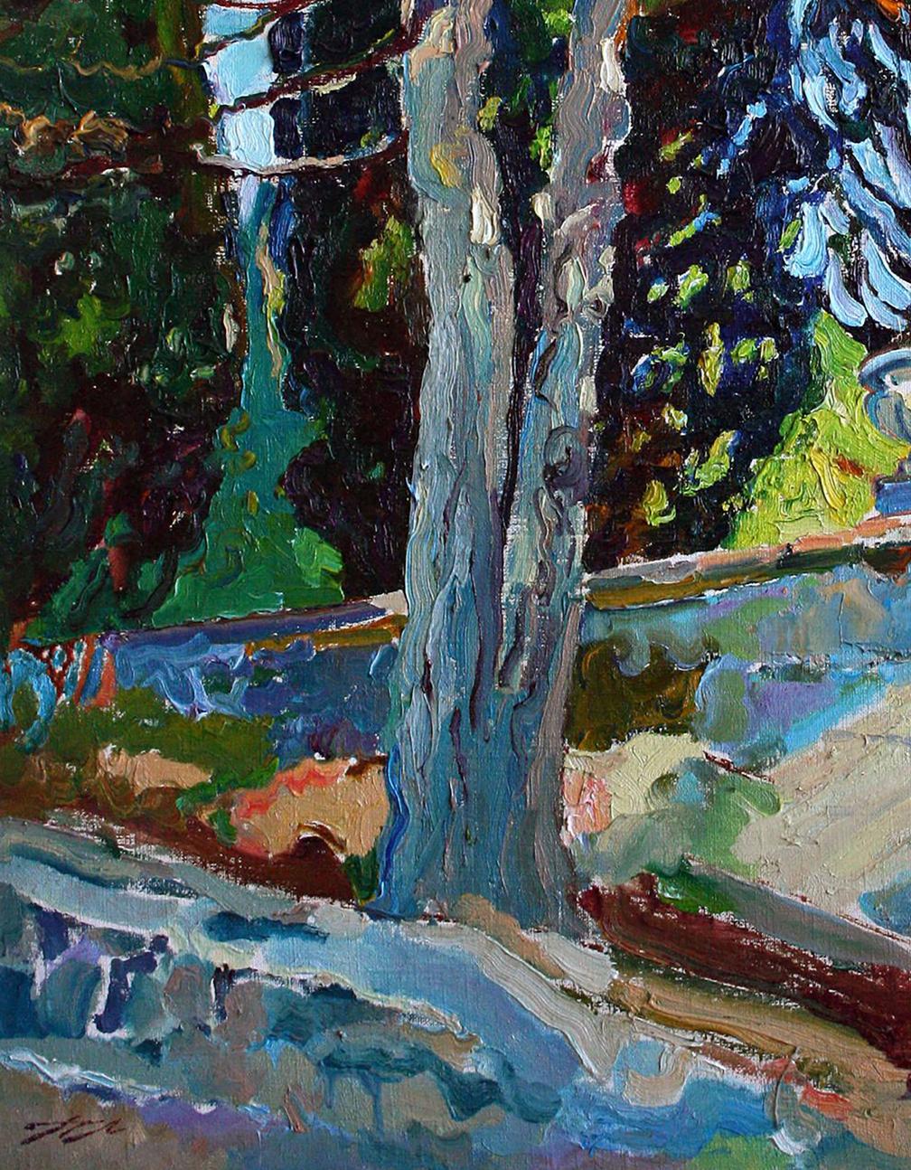 Oil painting Morning in the park by Leonid Pavlenko textured tree in blues