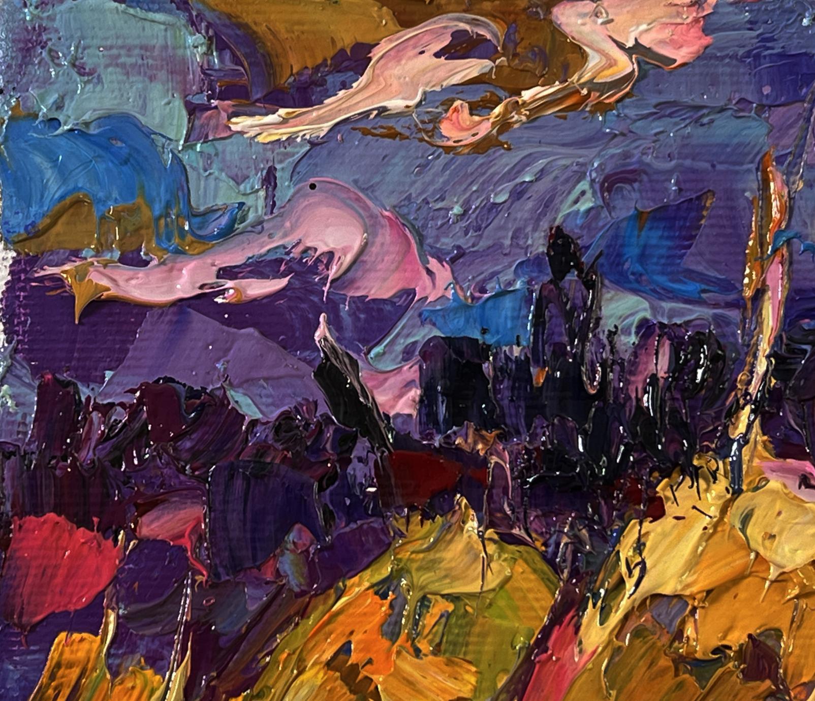 Vibrant oil painting Field with hay by Oksana Ivanyuk in purples blues pinks golds