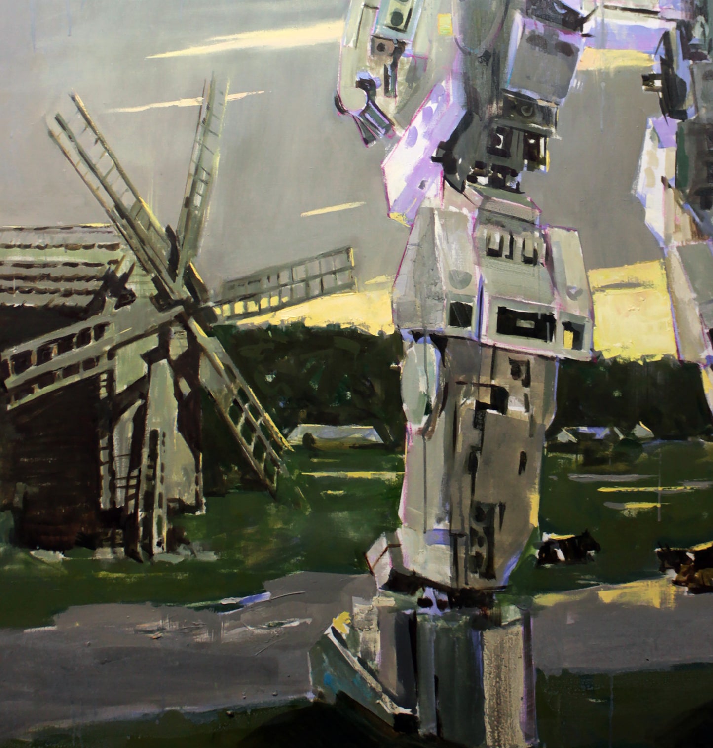 Towering metallic robot in Silence oil painting by Ed Potapenkov