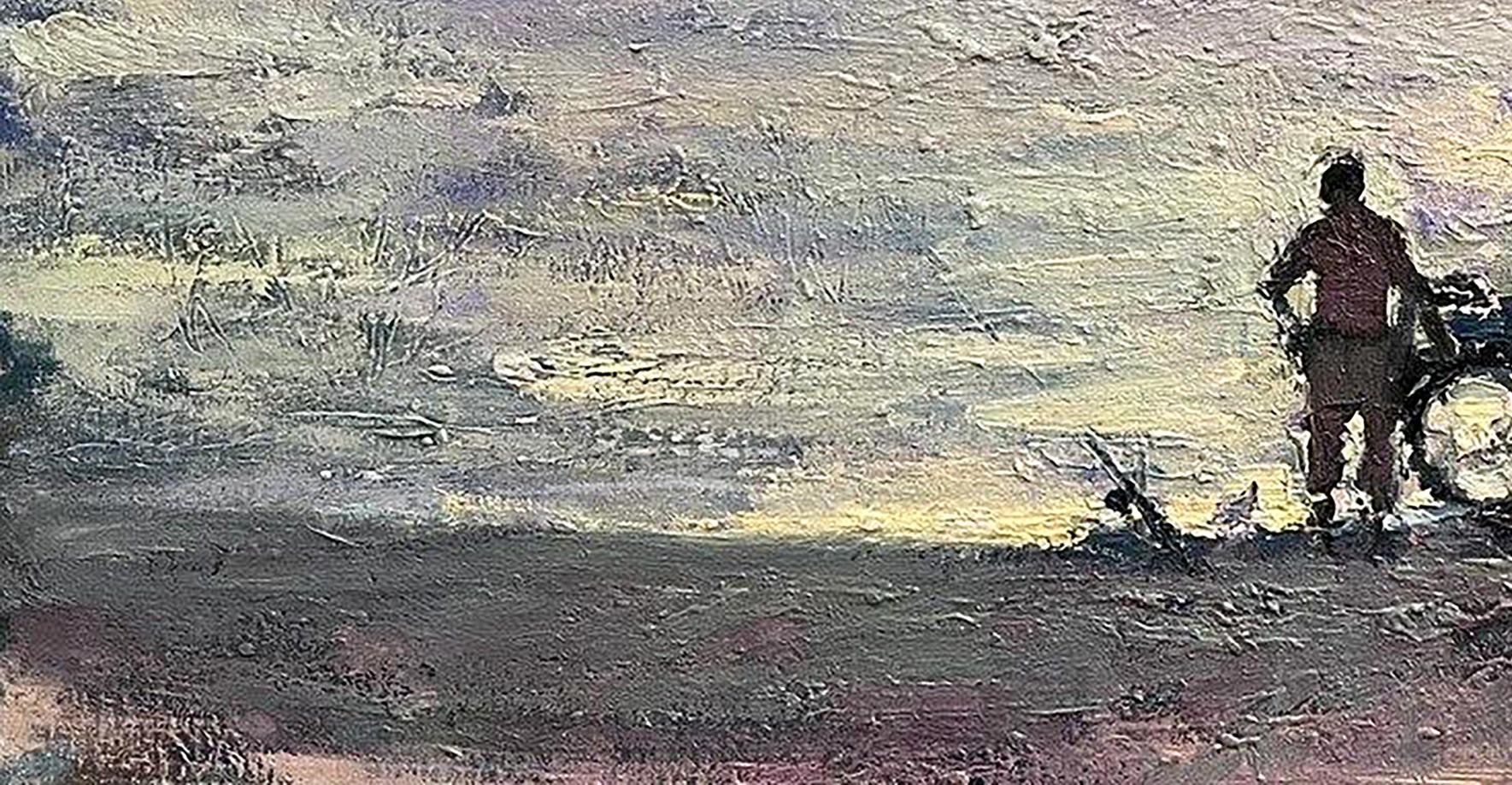 Oil painting Conversation by Volodymyr Pashchenko: solitary figure and bicycle