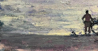 Oil painting Conversation by Volodymyr Pashchenko: solitary figure and bicycle