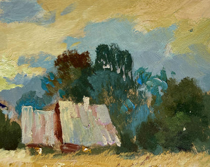 Rustic white shed in golden fields sunset by Yuriy Suprunchuk oil painting