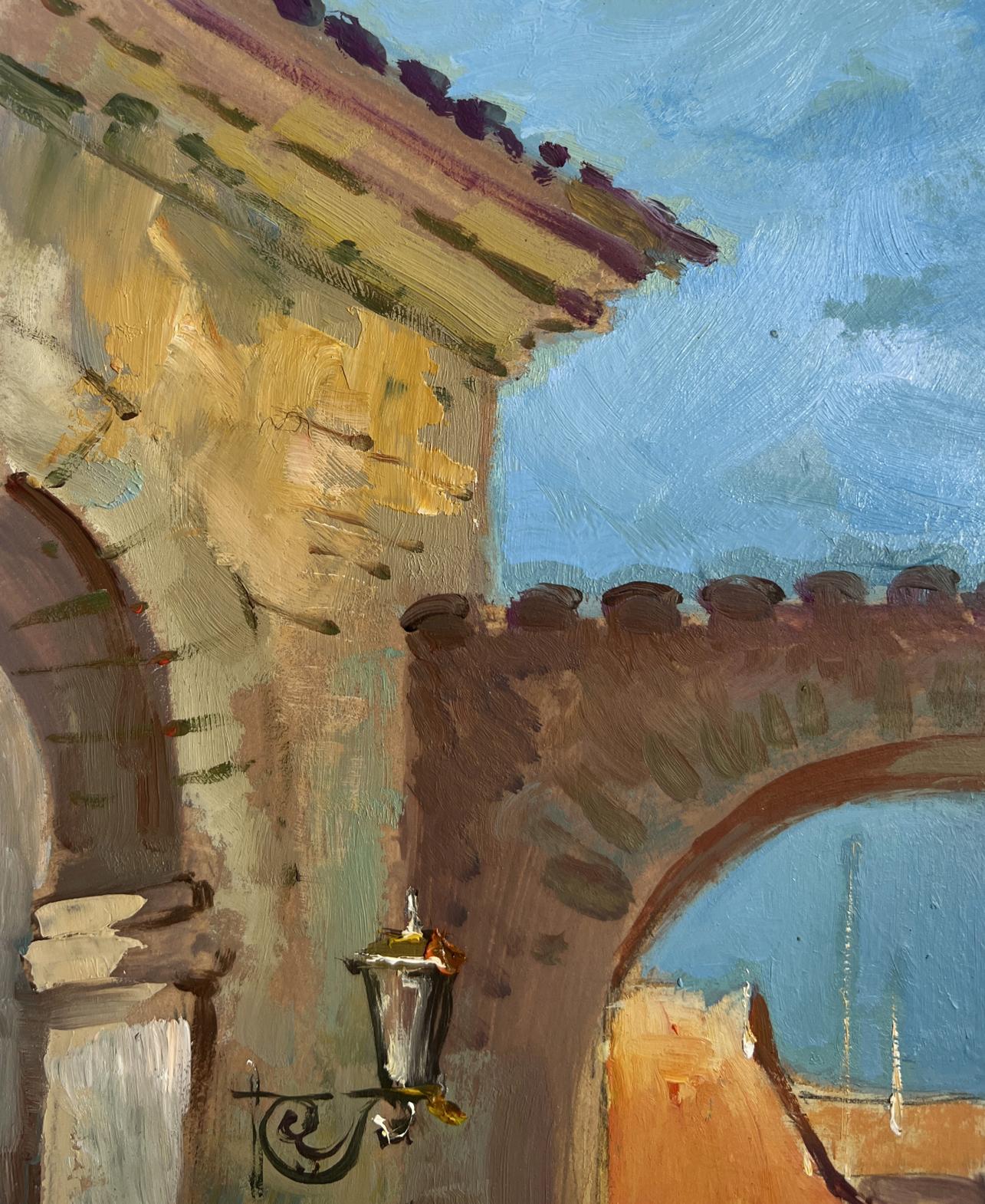 Vintage wall lantern in Yuriy Suprunchuk oil painting of old city street