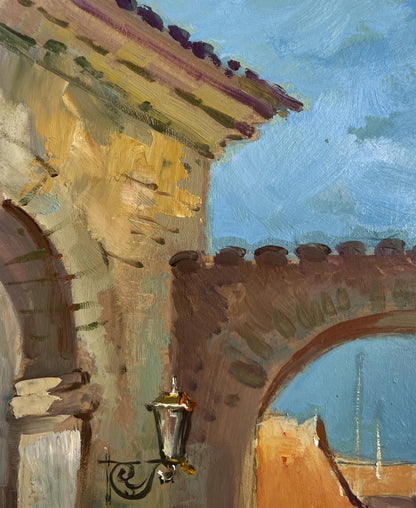Vintage wall lantern in Yuriy Suprunchuk oil painting of old city street