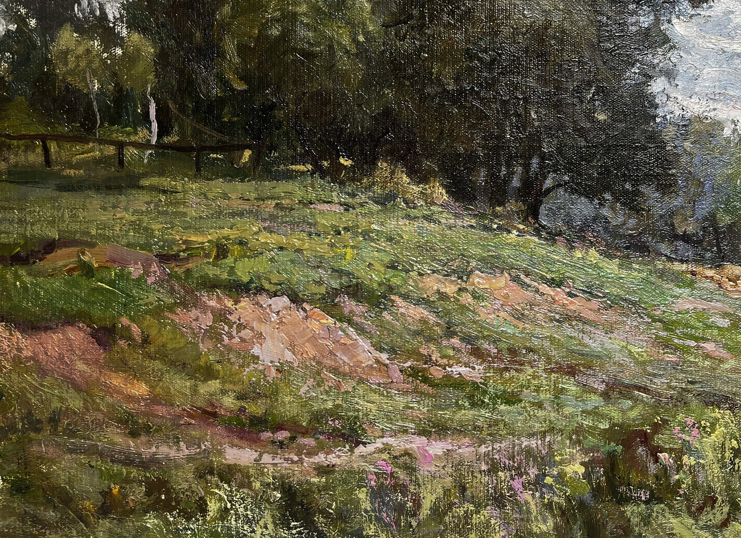 Oil painting of sunlit grassy field with wildflowers by Nikolay Rabotyagov