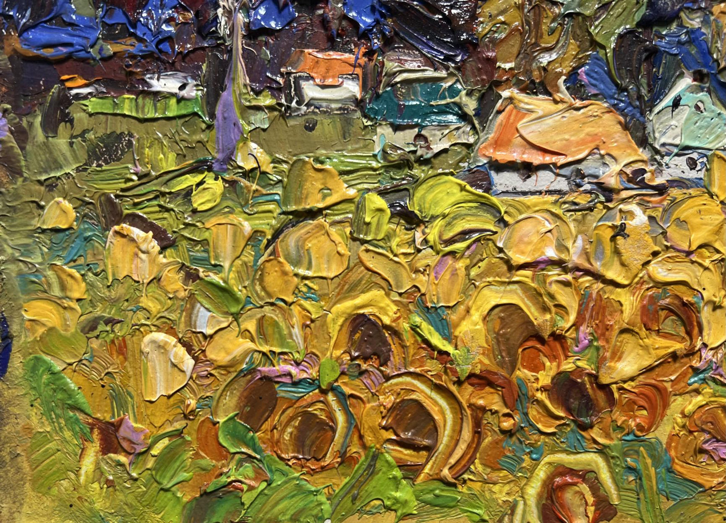 Oil painting Village Fields by Oleksiy Ivanyuk: vibrant sunflower field