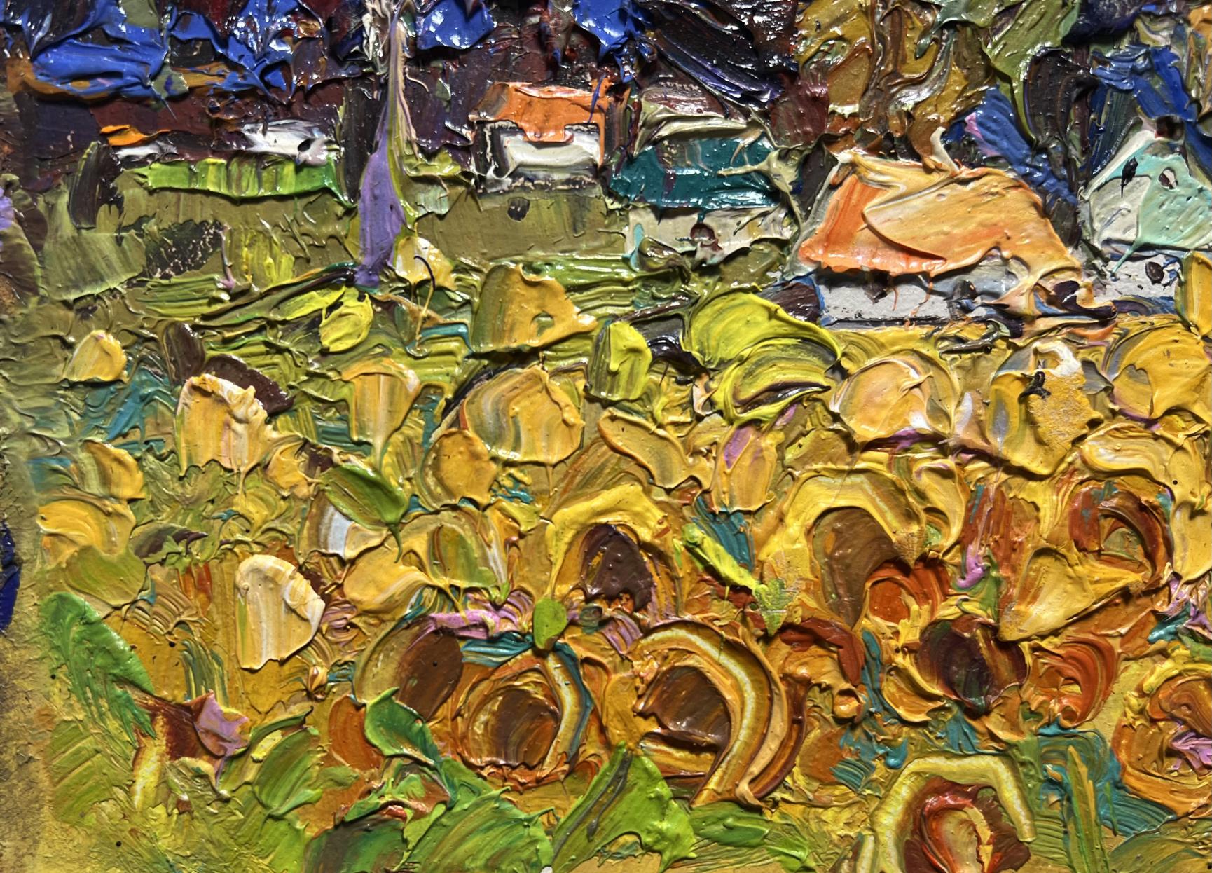 Oil painting Village Fields by Oleksiy Ivanyuk: vibrant sunflower field