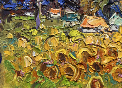 Oil painting Village Fields by Oleksiy Ivanyuk: vibrant sunflower field
