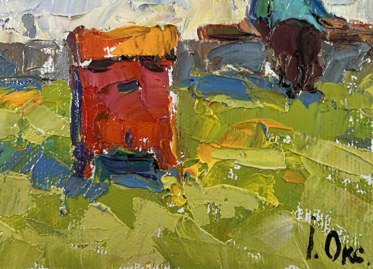 Oil painting Backyard moments by Oksana Ivanyuk red structure in green landscape