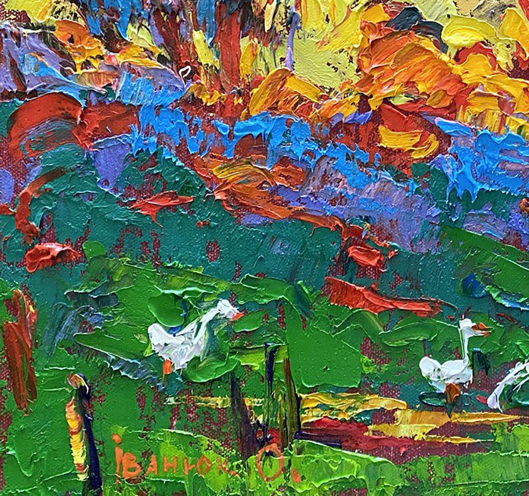 Vibrant Oleksiy Ivanyuk oil painting of two white geese in green field