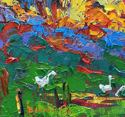 Vibrant Oleksiy Ivanyuk oil painting of two white geese in green field