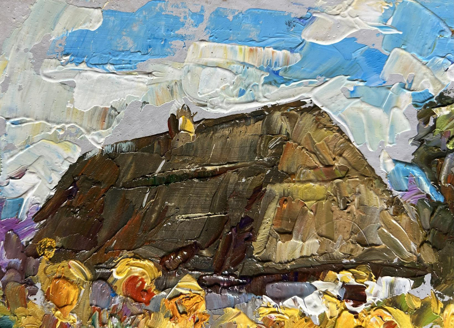 Oil painting of house, sunflowers, rocky hillside and vibrant flowers by Oleksiy Ivanyuk