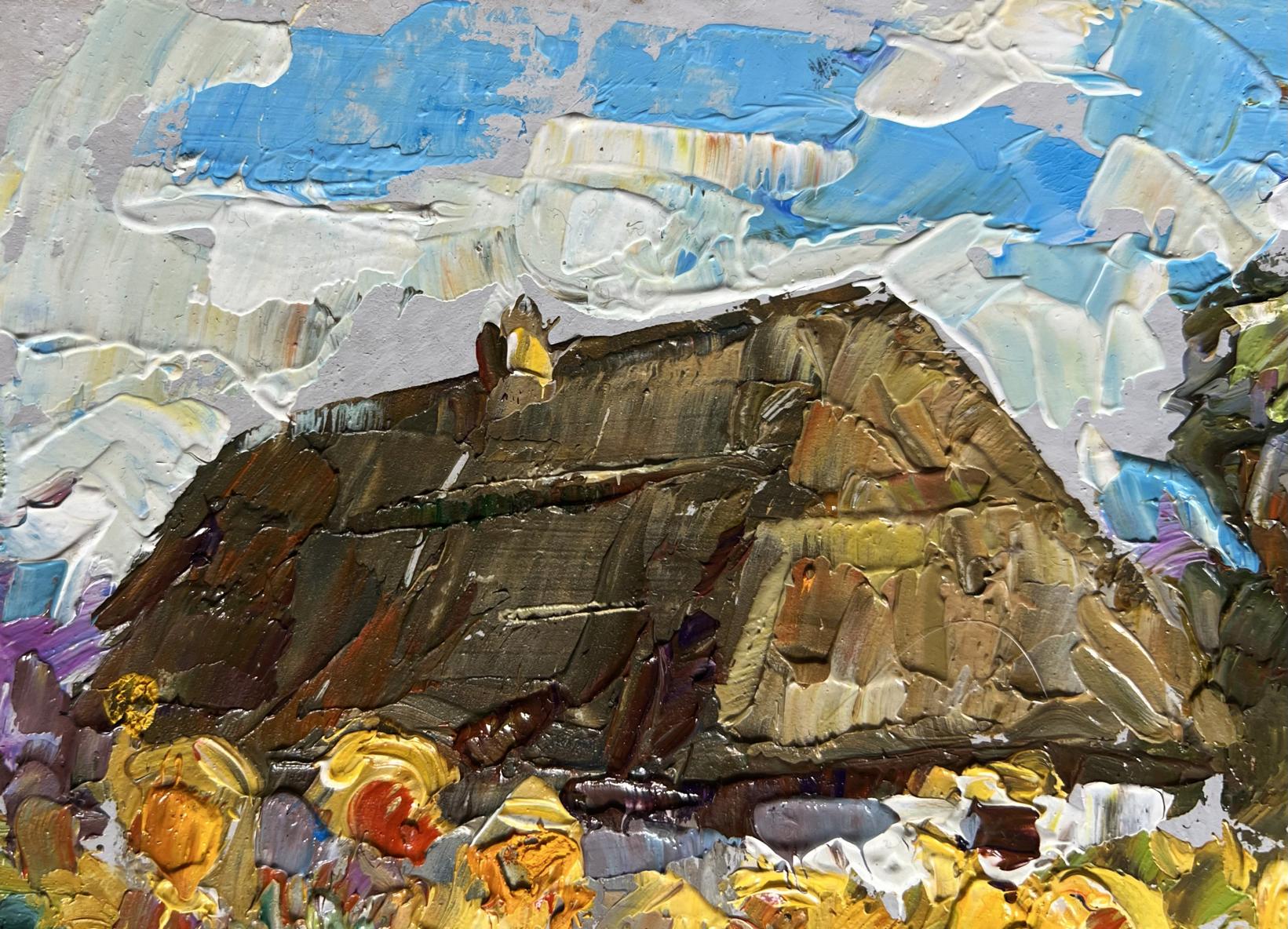 Oil painting of house, sunflowers, rocky hillside and vibrant flowers by Oleksiy Ivanyuk