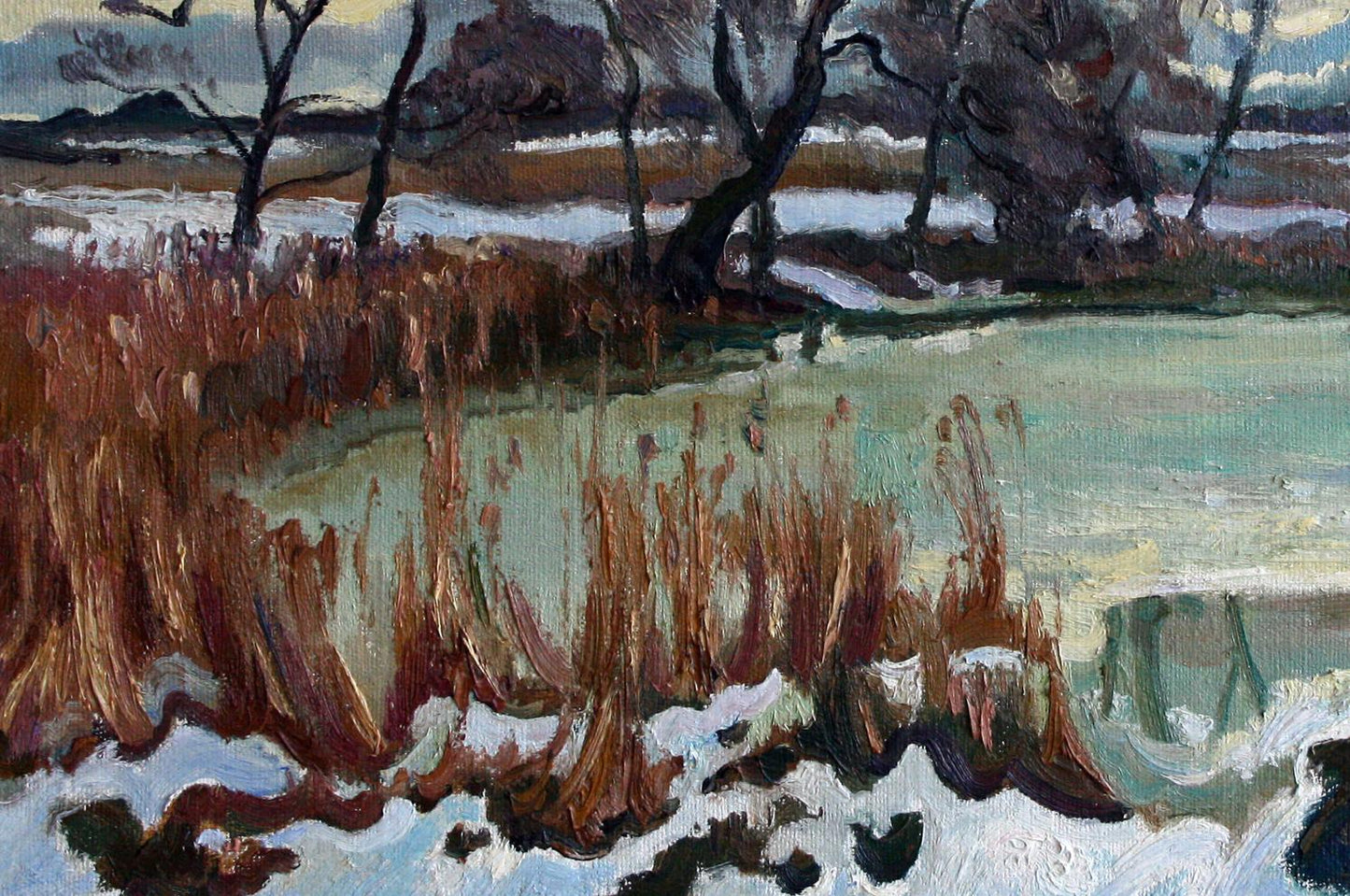 Oil painting Thaw by Leonid Pavlenko: snowy reeds, frozen water, bare trees