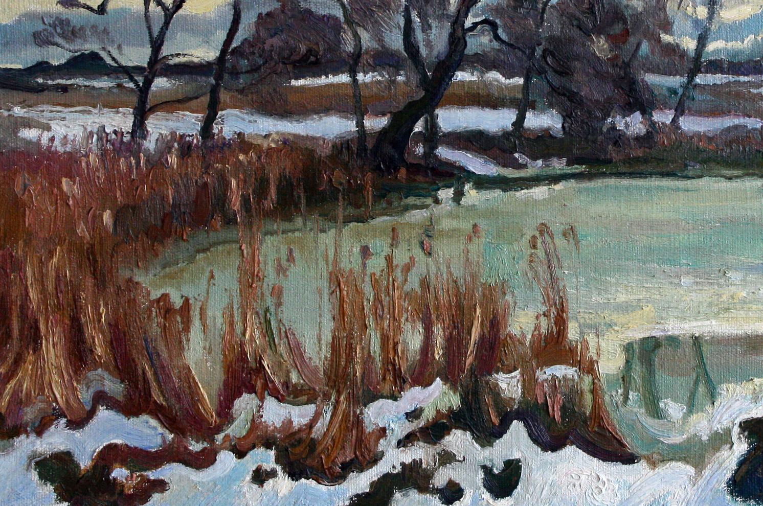 Oil painting Thaw by Leonid Pavlenko: snowy reeds, frozen water, bare trees