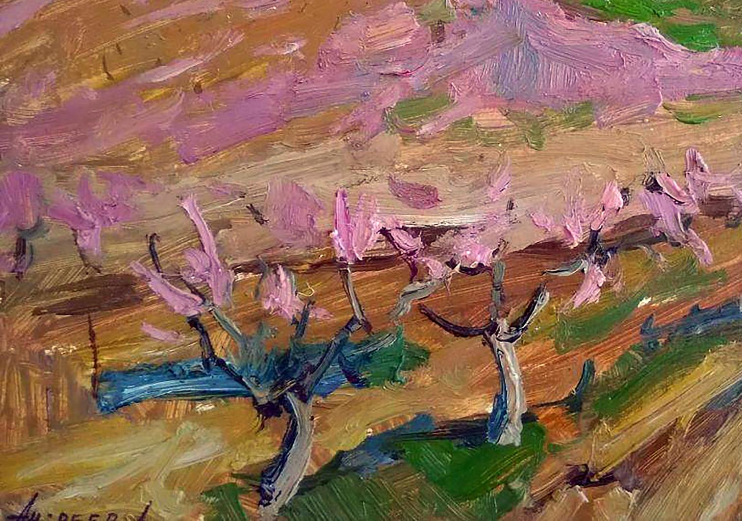 Vibrant impressionist oil painting of pink cherry trees by Oleksandr Andreev