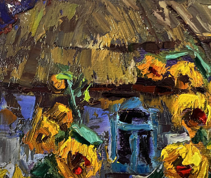 Oil painting Evening sunflowers by Oksana Ivanyuk on thatched roof