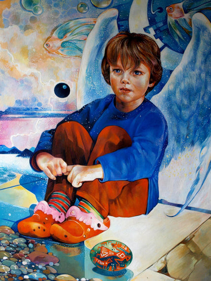Oil painting Dreamer by Konsta G. Amelinn: child in blue shirt and orange pants sitting cross-legged on pebbles