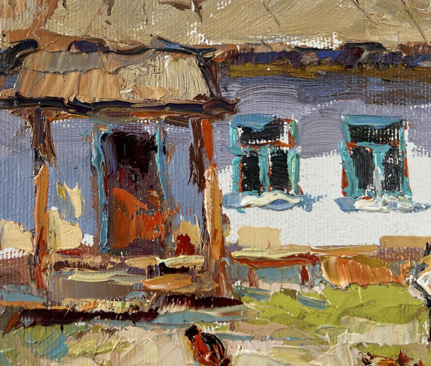 Oil painting Yard in August by Oksana Ivanyuk rustic wooden structure