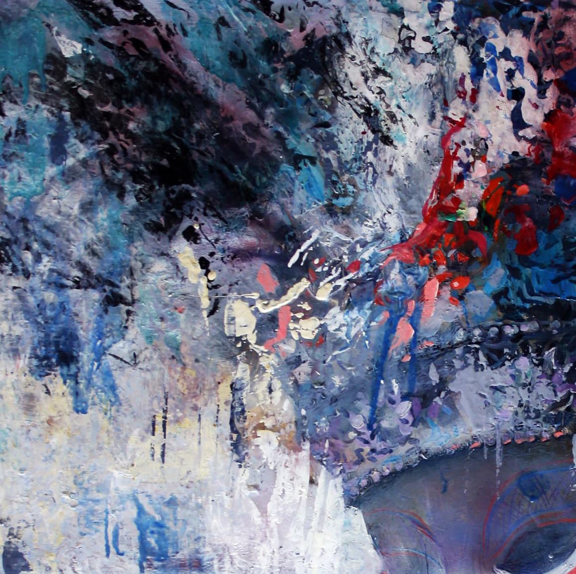 Oil painting Carnival by Alexander Dobrodiy with bold blue red strokes