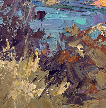 Oil painting August summer day by Boris Serdyuk in blue purple tones
