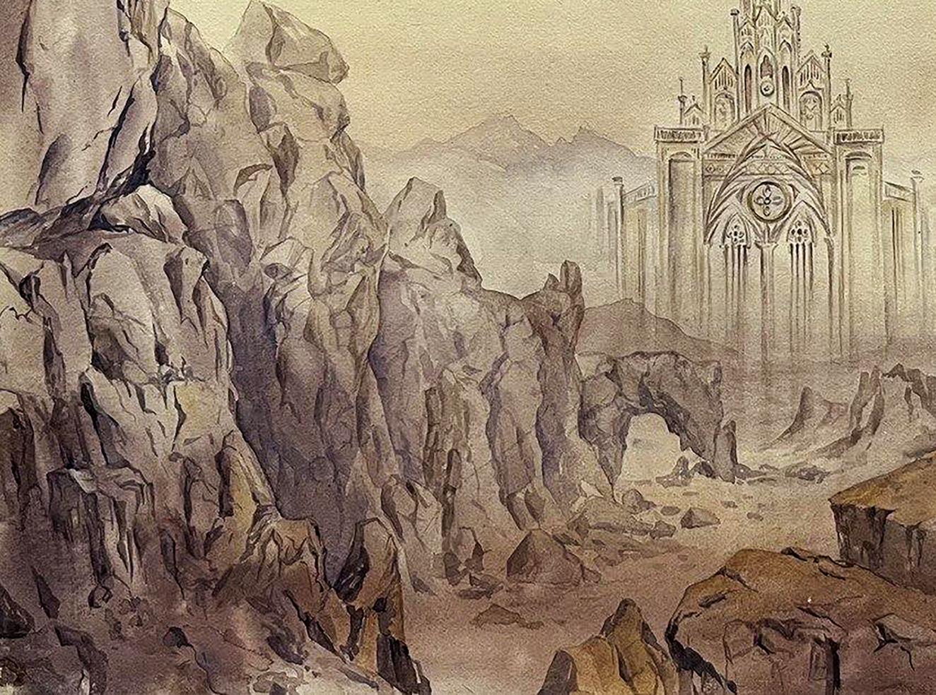 Watercolor painting Ghost of the Gothic by Dmytro Startsev, misty cathedral