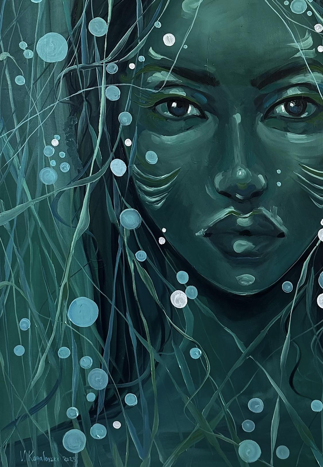 Oil painting of haunting teal-skinned woman in ethereal underwater scene by Victoria Kagalovska