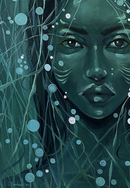 Oil painting of haunting teal-skinned woman in ethereal underwater scene by Victoria Kagalovska