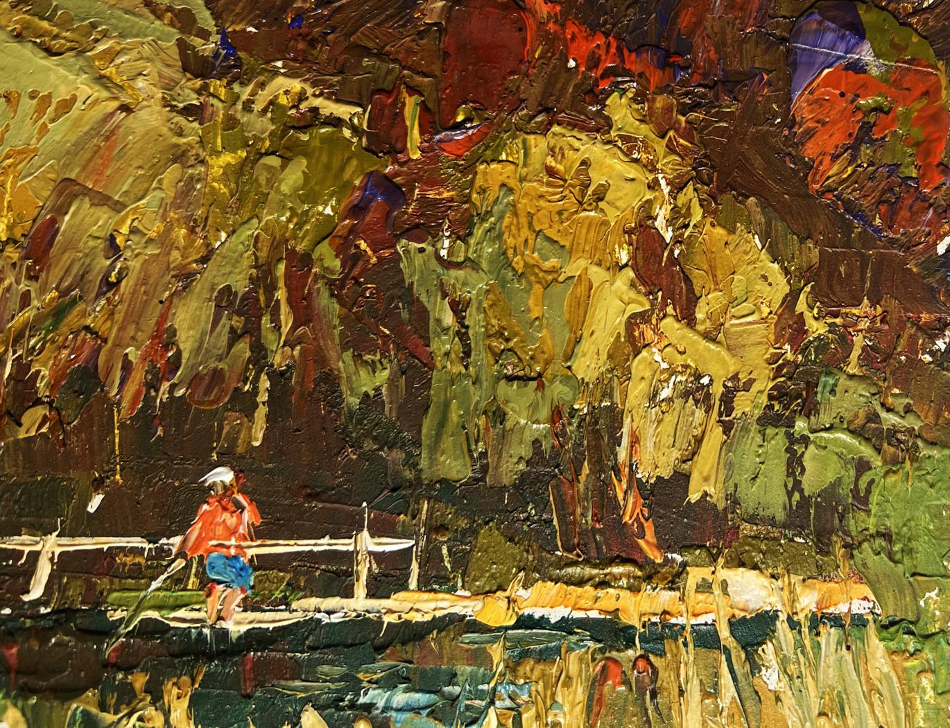 Oil painting by Oleksiy Ivanyuk: figure on wooden bridge over river field
