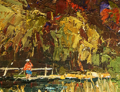 Oil painting by Oleksiy Ivanyuk: figure on wooden bridge over river field
