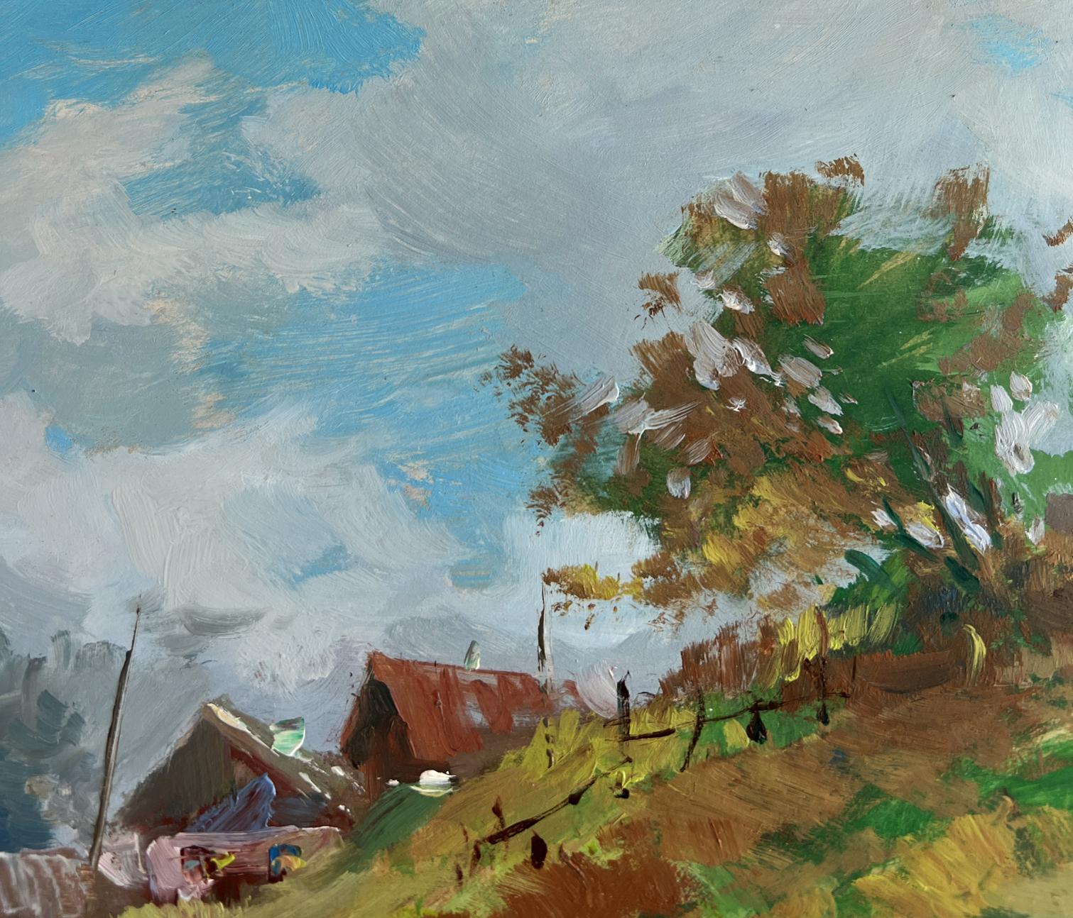 Oil painting of rustic red-roofed house in autumn trees by Yuriy Suprunchuk