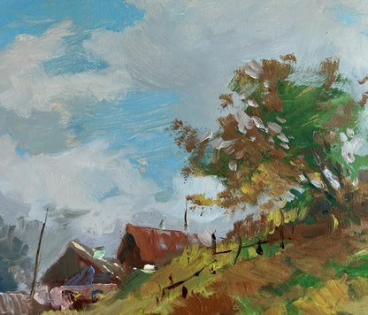 Oil painting of rustic red-roofed house in autumn trees by Yuriy Suprunchuk