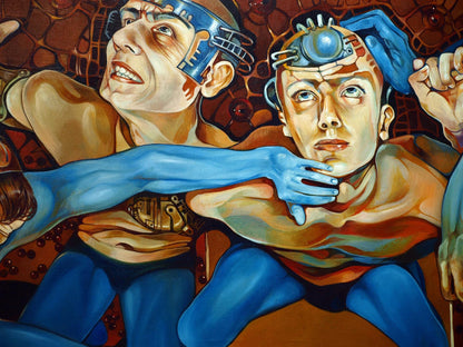 Oil painting Creation in Act II by Konsta G. Amelinn: blue figure with mechanical headgear