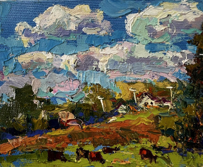 Oil painting A warm summer day by Oksana Ivanyuk with grazing cows
