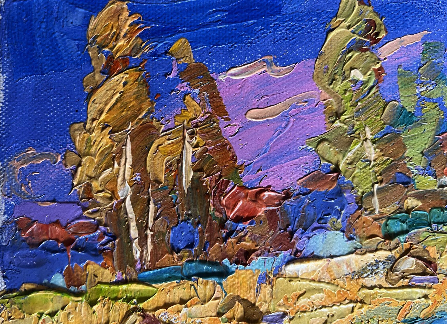 Vibrant impressionist oil painting of blue sky over fields by Oksana Ivanyuk