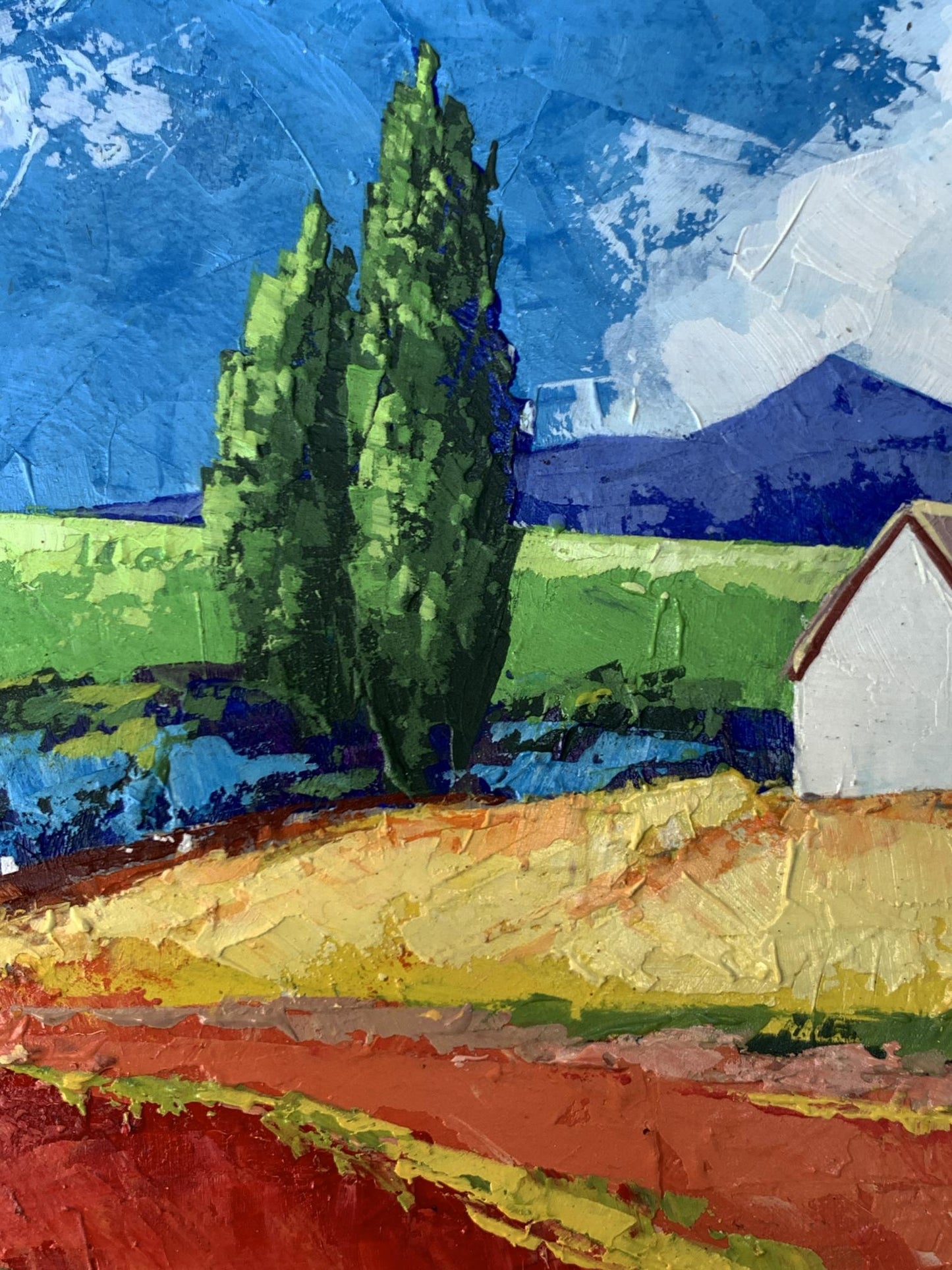 Vibrant impressionistic oil painting of cypress trees by V. Zadorozhnya