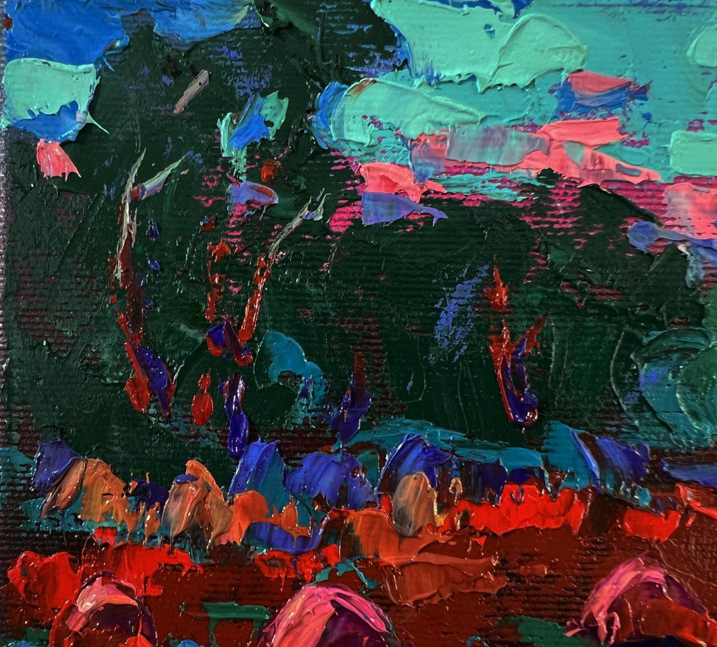 Vibrant Oleksiy Ivanyuk oil painting In the evening in the fields with teal red purple impasto on dark green canvas