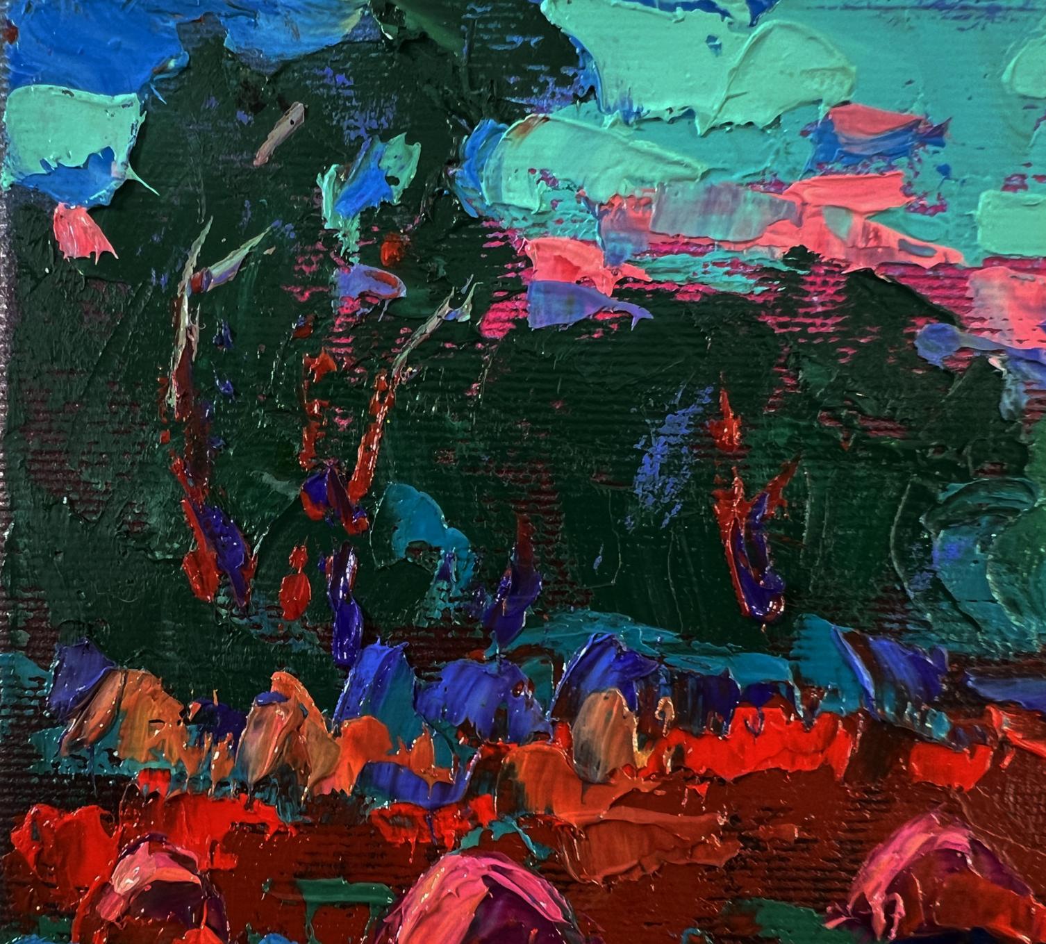 Vibrant Oleksiy Ivanyuk oil painting In the evening in the fields with teal red purple impasto on dark green canvas