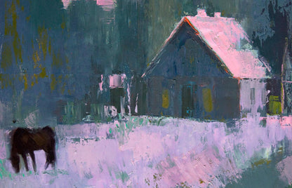 Oil painting of rustic blue house with pink roof in snowy field by Natalia Korf-Ivaniuk